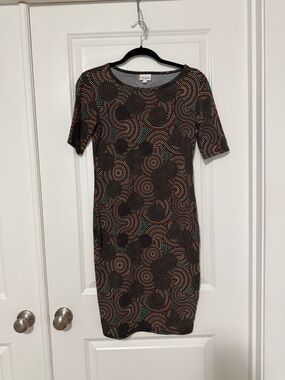 LuLaRoe Julia Black Dress with Red and Teal Dot Swirl Print